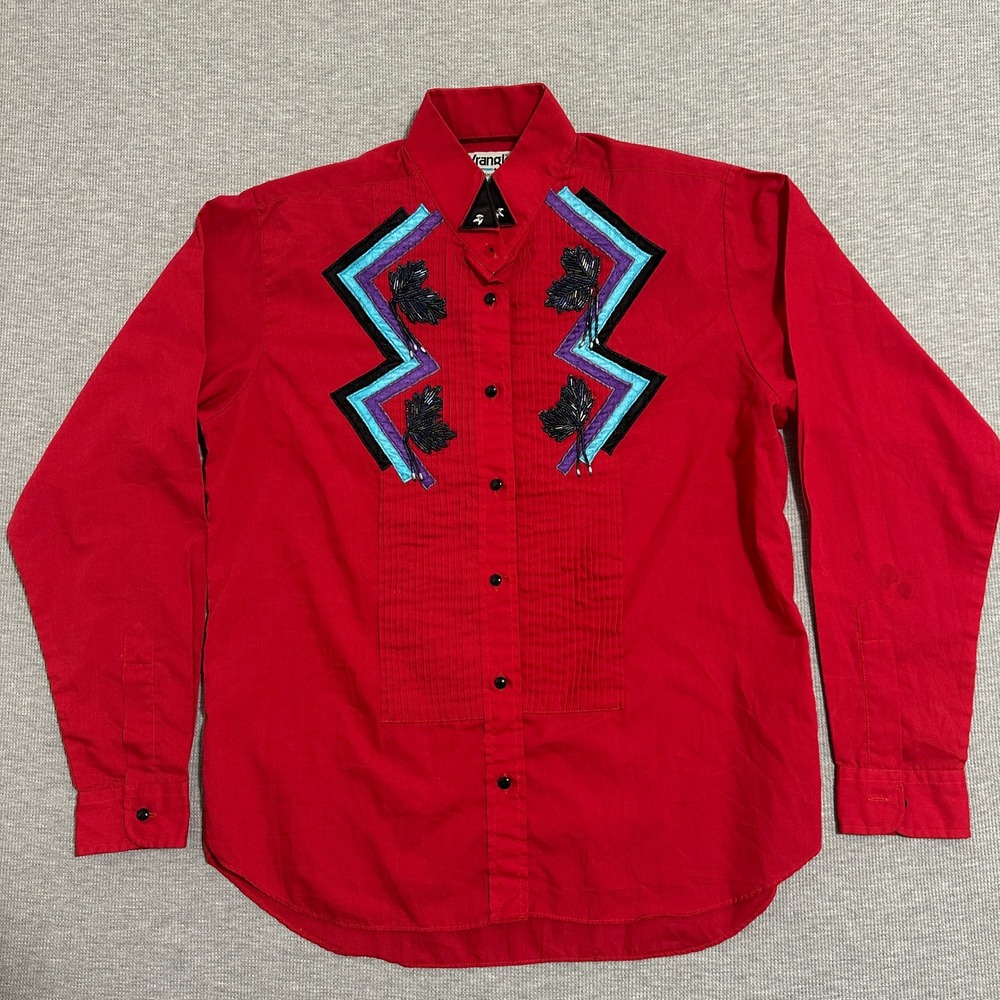 Wrangler Womens L Red Western Button Up Shirt Beaded Embroidered Pintuck Pleated